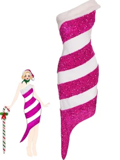 Sale Retro Stage Red 1960s Candy Cane One-Shoulder Dress