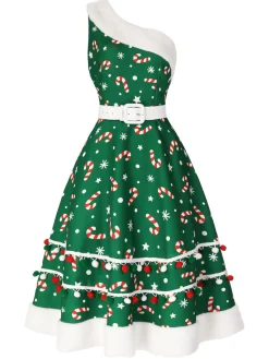 Online Retro Stage Red 1950s Candy Cane One-Shoulder Dress