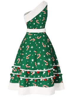 Online Retro Stage Red 1950s Candy Cane One-Shoulder Dress