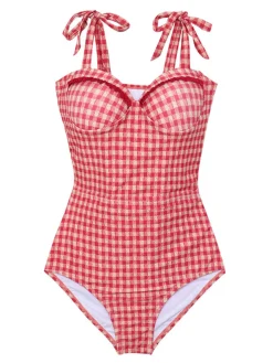 New Retro Stage 1950s Checked Back Cut-Out Swimsuit Red