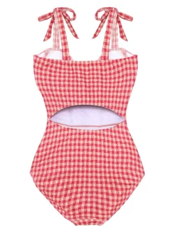 New Retro Stage 1950s Checked Back Cut-Out Swimsuit Red