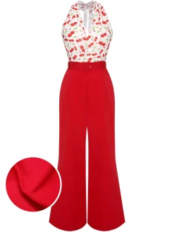 Hot Retro Stage 1930s Cherry Belted Halter Jumpsuit Red