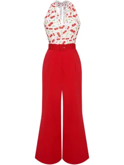 Hot Retro Stage 1930s Cherry Belted Halter Jumpsuit Red