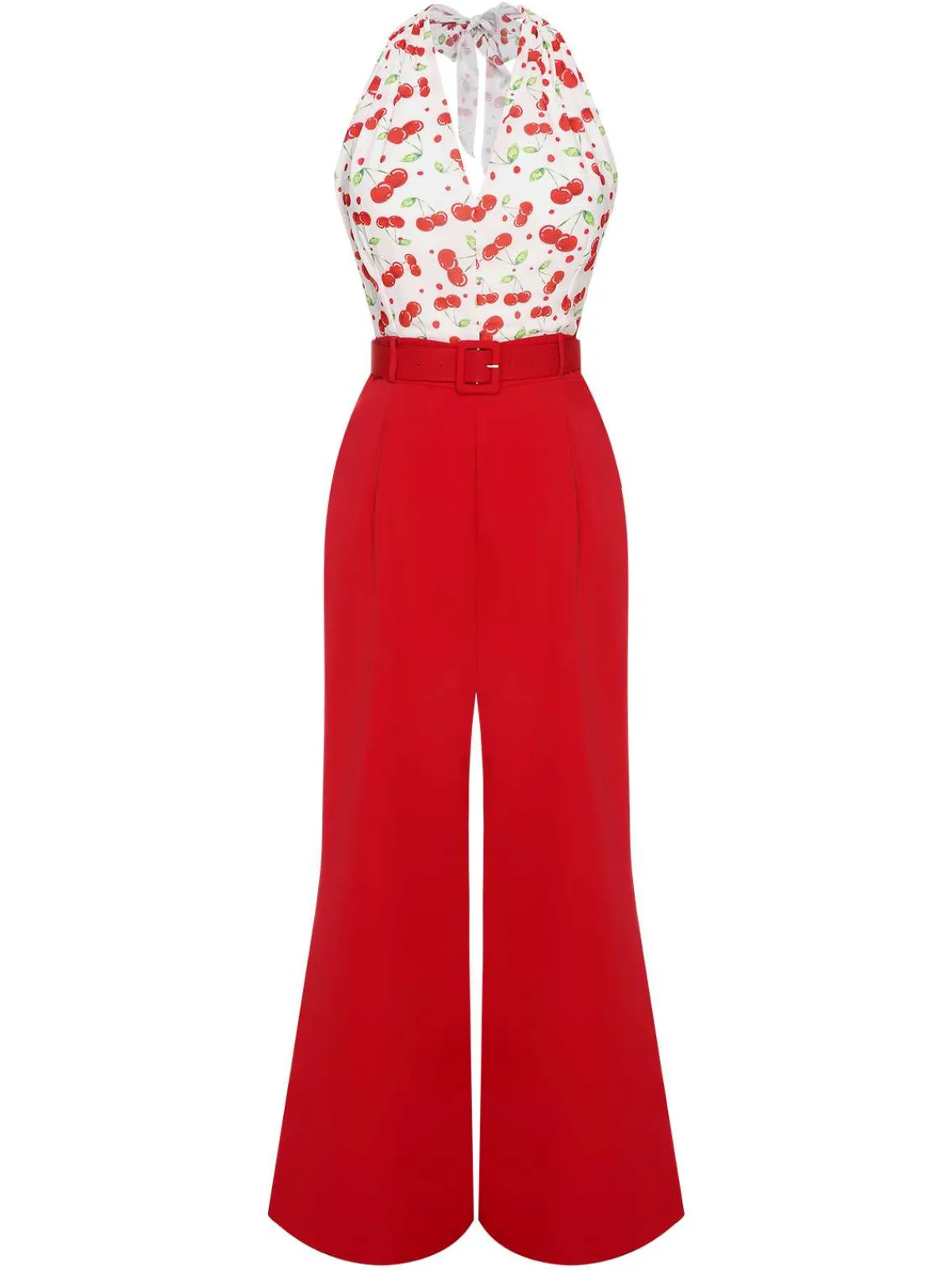 Hot Retro Stage 1930s Cherry Belted Halter Jumpsuit Red