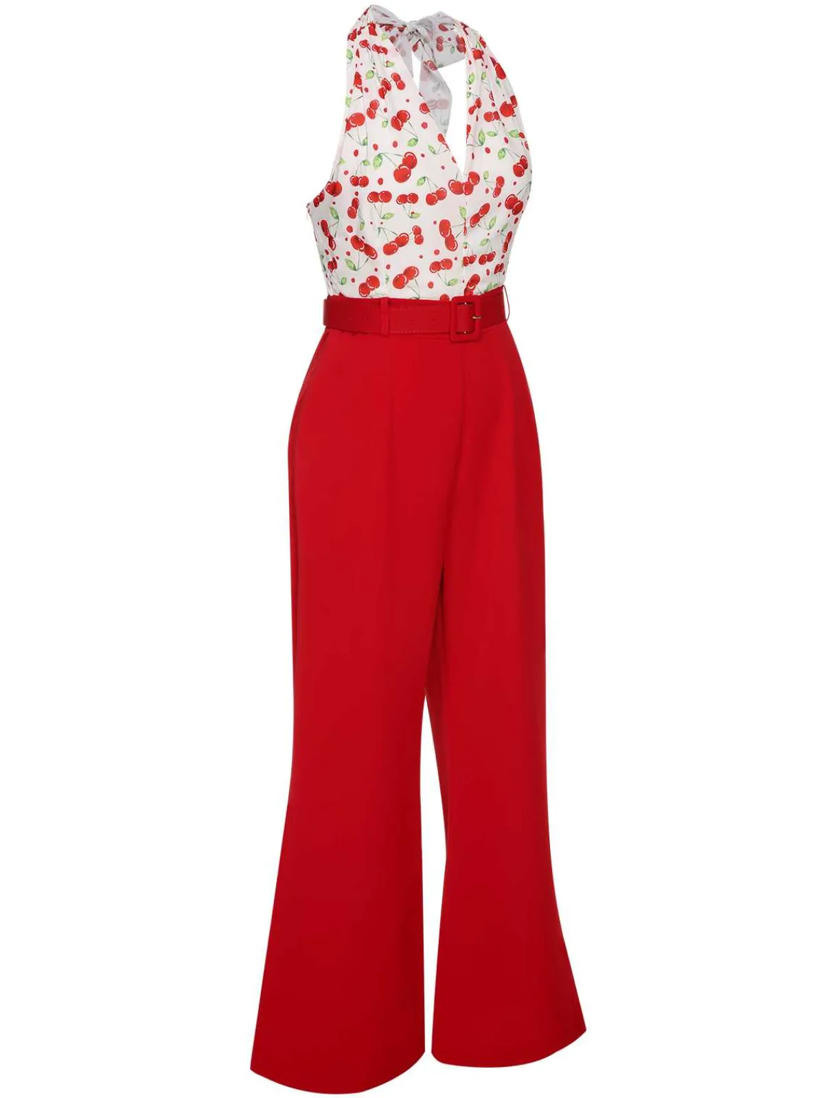 Hot Retro Stage 1930s Cherry Belted Halter Jumpsuit Red