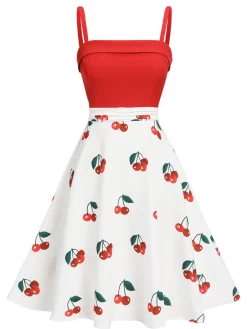 Hot Retro Stage 1950s Cherry Spaghetti Strap Dress Red