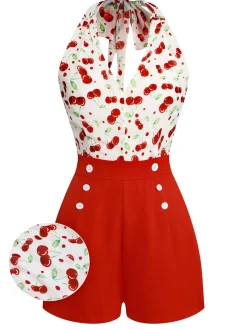Hot Retro Stage 1950s Cherry V-Neck Halter Lace-Up Romper Red