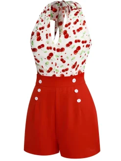 Hot Retro Stage 1950s Cherry V-Neck Halter Lace-Up Romper Red