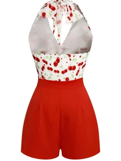 Hot Retro Stage 1950s Cherry V-Neck Halter Lace-Up Romper Red
