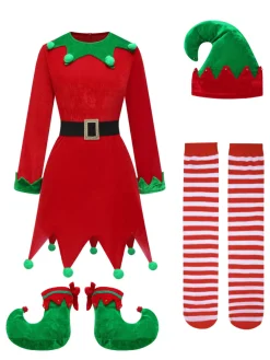 New Retro Stage Red 1980s Christmas Elf Costume Dress Set Red & Green