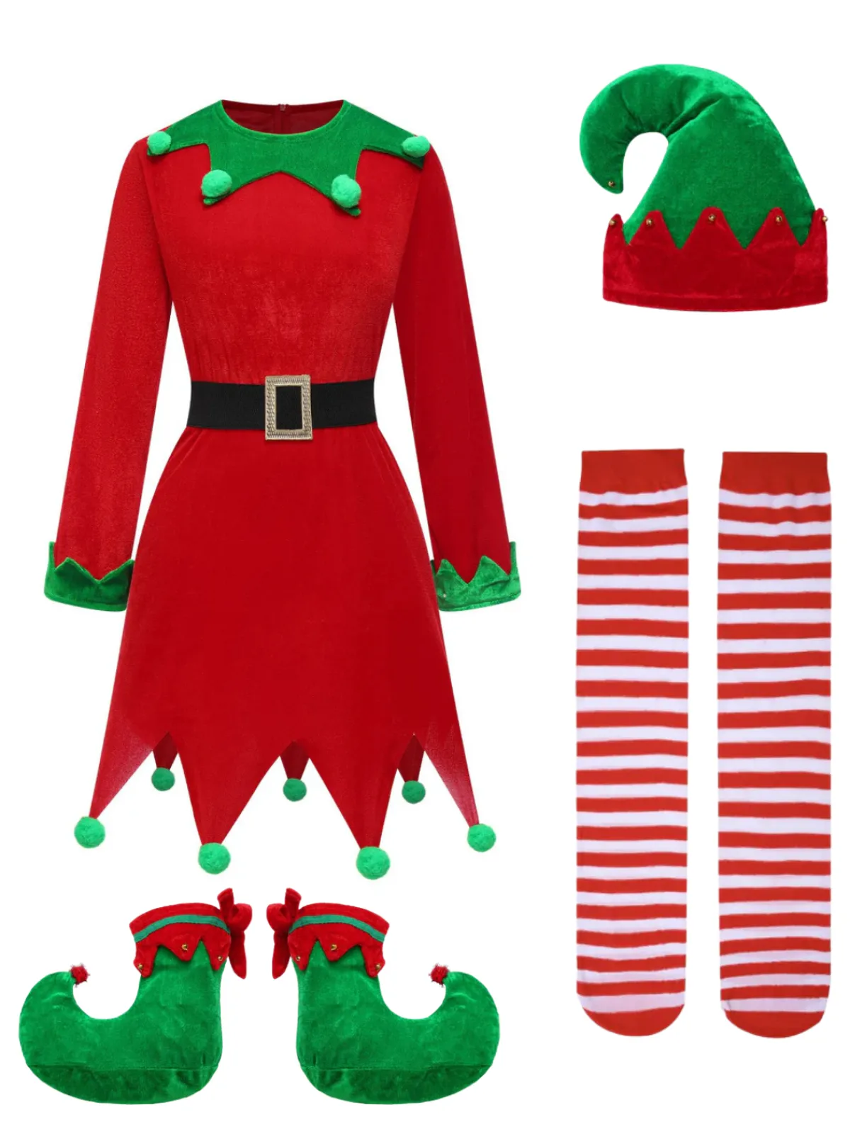New Retro Stage Red 1980s Christmas Elf Costume Dress Set Red & Green