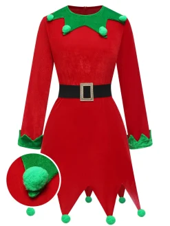 New Retro Stage Red 1980s Christmas Elf Costume Dress Set Red & Green