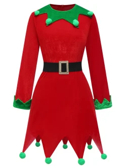 New Retro Stage Red 1980s Christmas Elf Costume Dress Set Red & Green