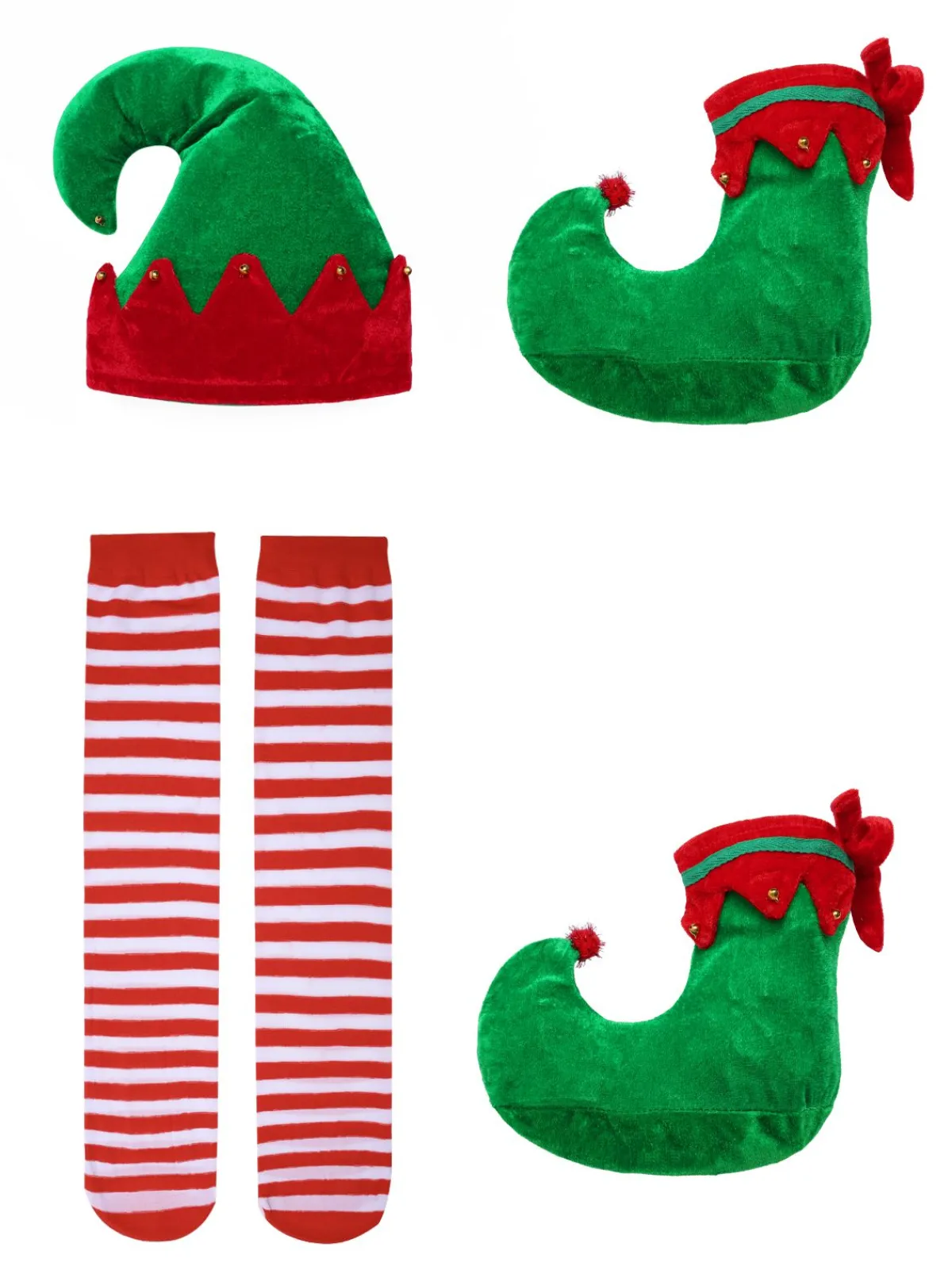 New Retro Stage Red 1980s Christmas Elf Costume Dress Set Red & Green