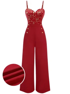 Best Retro Stage 1930s Christmas Elk Gilded Velvet Jumpsuit Red
