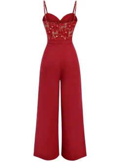 Best Retro Stage 1930s Christmas Elk Gilded Velvet Jumpsuit Red