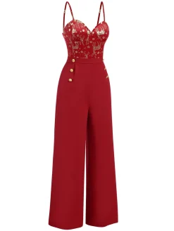 Best Retro Stage 1930s Christmas Elk Gilded Velvet Jumpsuit Red