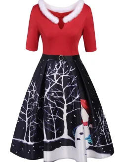 Outlet Retro Stage 1950s Christmas Fur Collar Dress Red