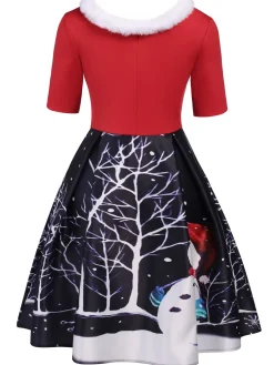 Outlet Retro Stage 1950s Christmas Fur Collar Dress Red