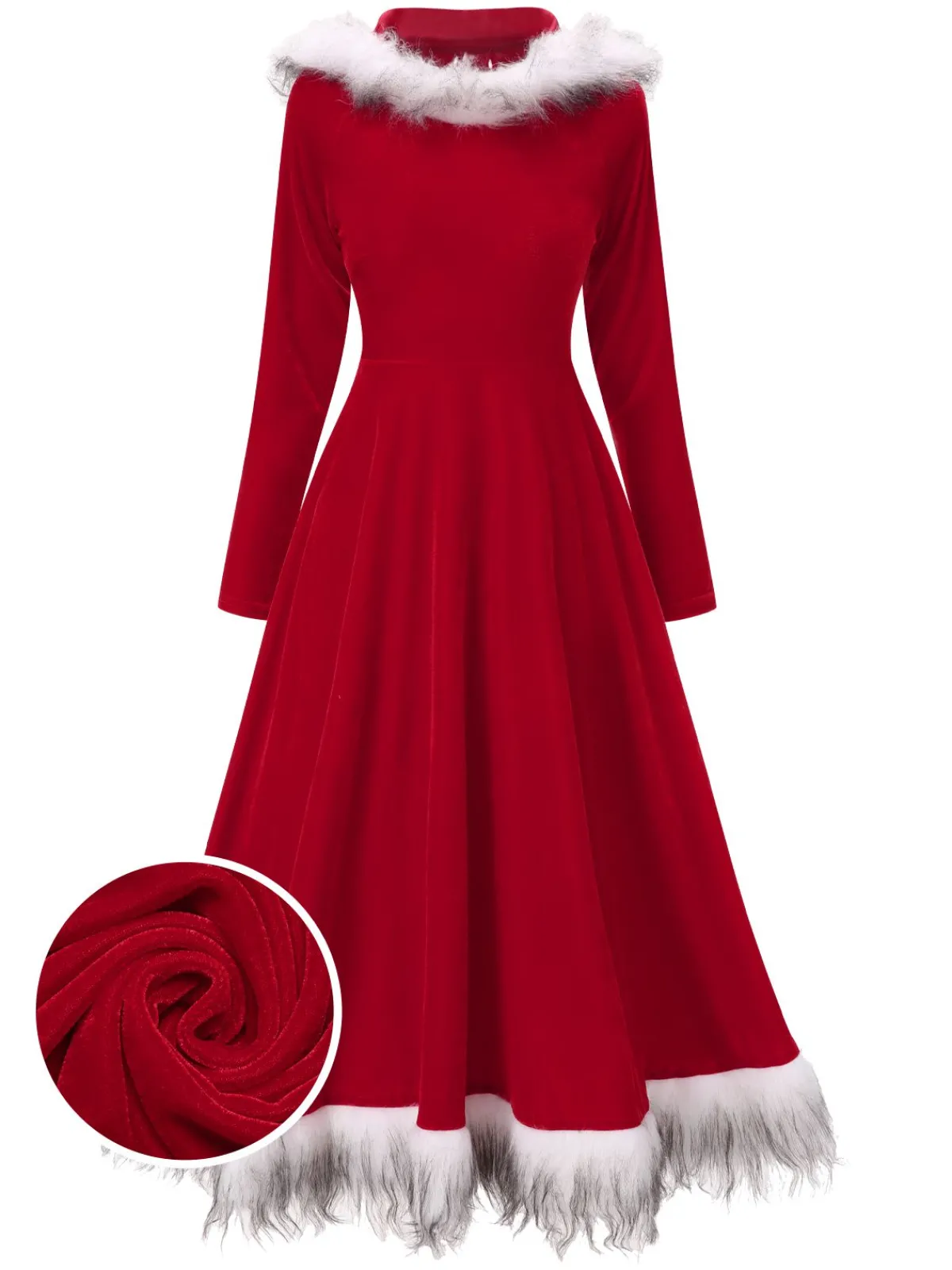 New Retro Stage Red 1970s Christmas Fur Hooded Dress Wine Red