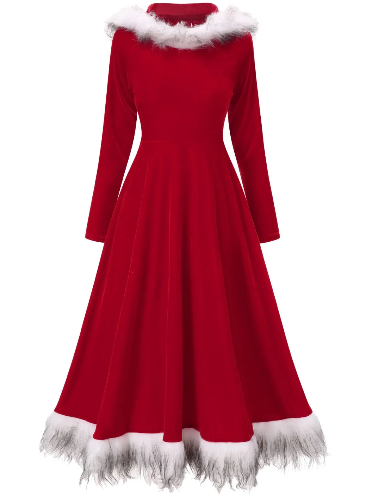 New Retro Stage Red 1970s Christmas Fur Hooded Dress Wine Red