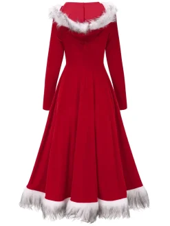 New Retro Stage Red 1970s Christmas Fur Hooded Dress Wine Red