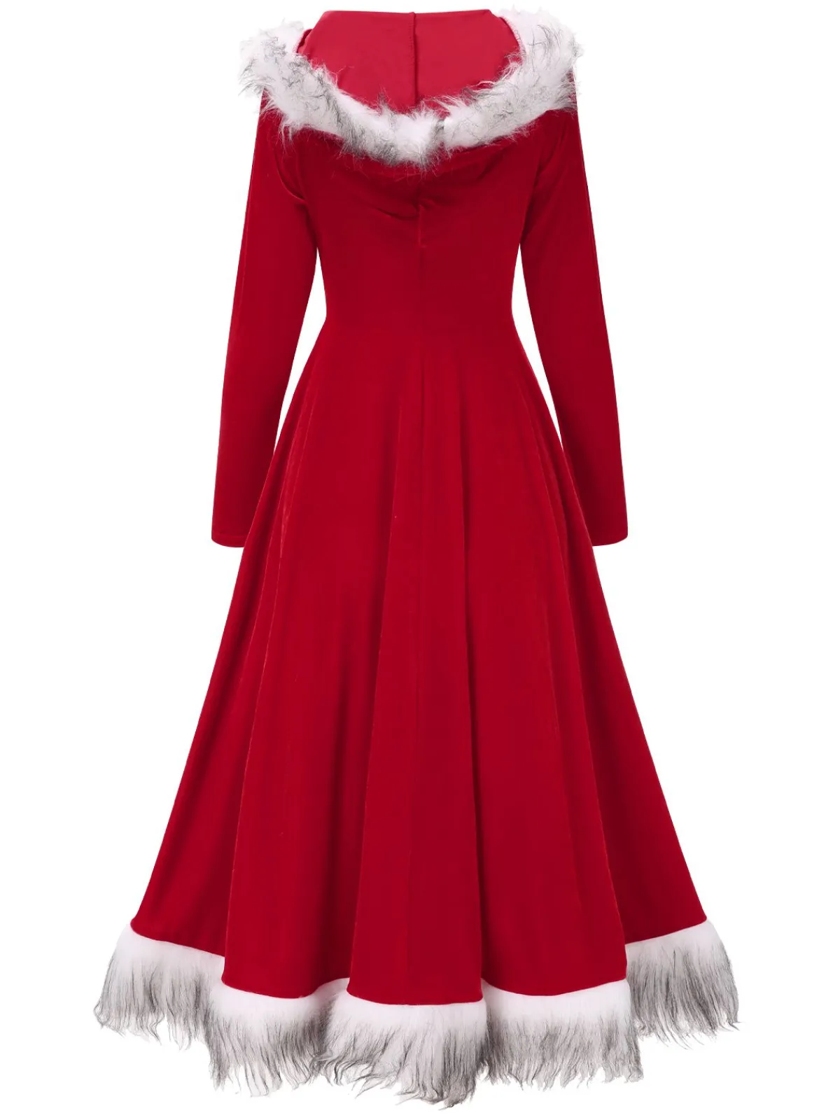 New Retro Stage Red 1970s Christmas Fur Hooded Dress Wine Red