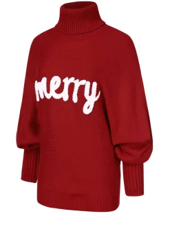 Fashion Retro Stage 1980s Christmas Merry Print Turtleneck Sweater Red
