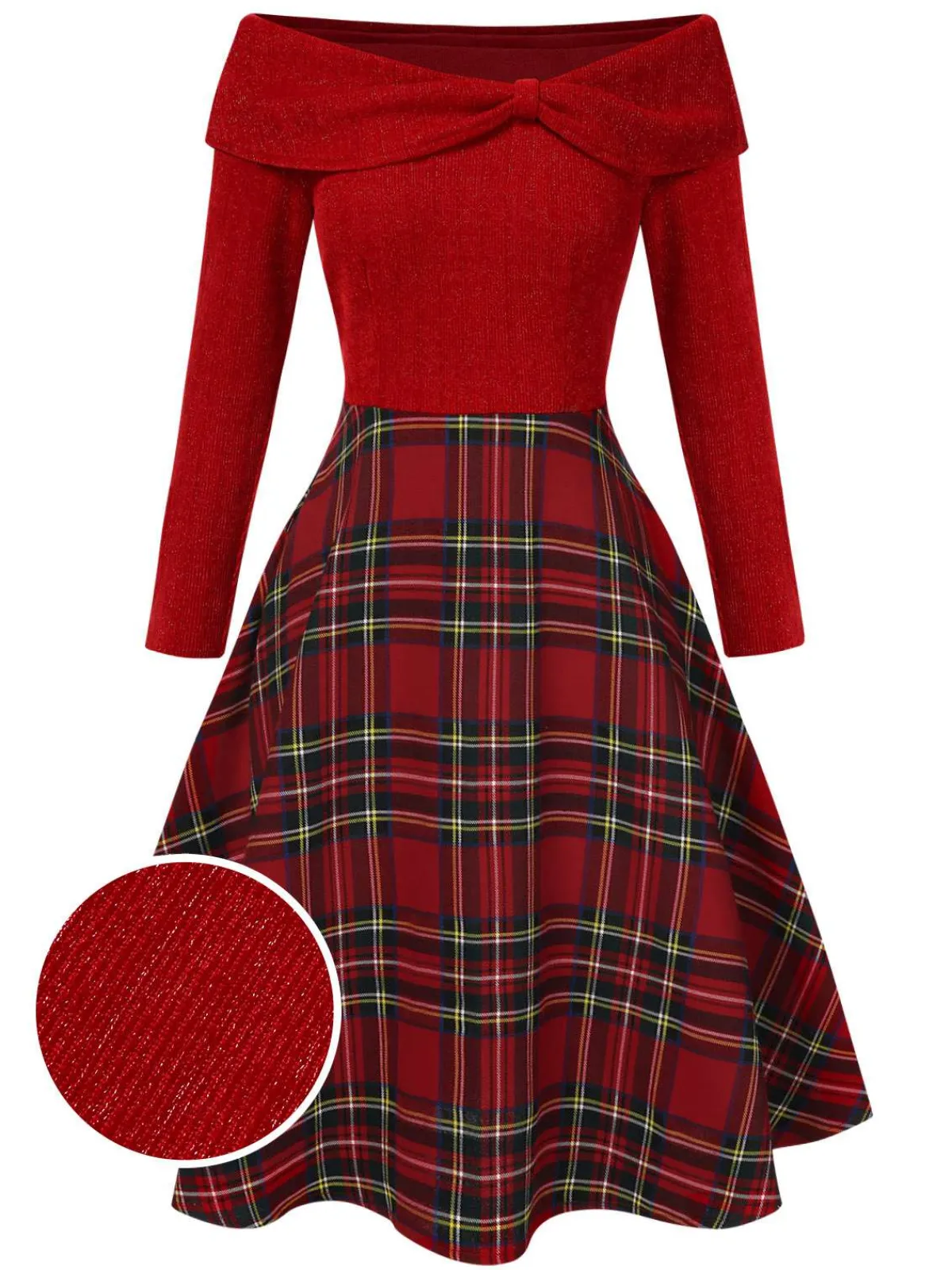 Hot Retro Stage Red 1950s Christmas Off Shoulder Tartan Dress