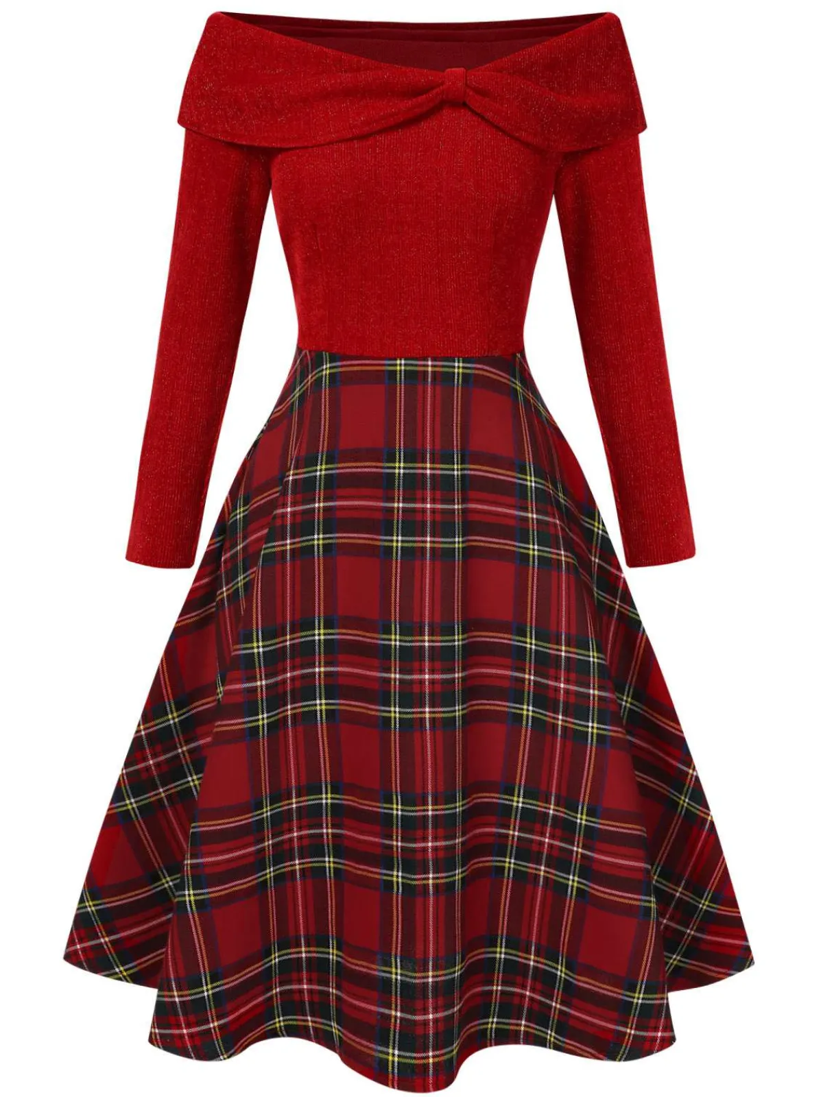 Hot Retro Stage Red 1950s Christmas Off Shoulder Tartan Dress