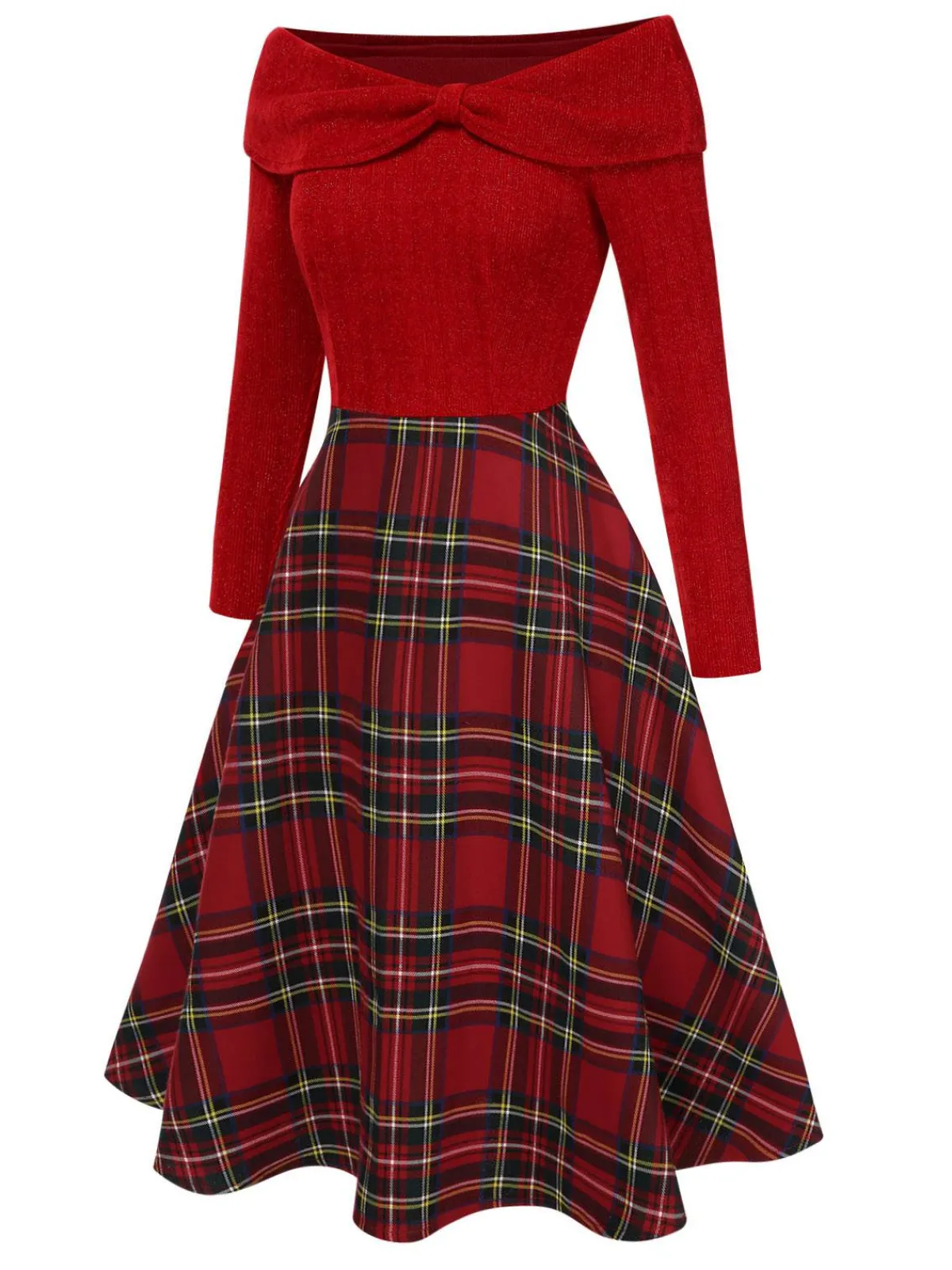 Hot Retro Stage Red 1950s Christmas Off Shoulder Tartan Dress
