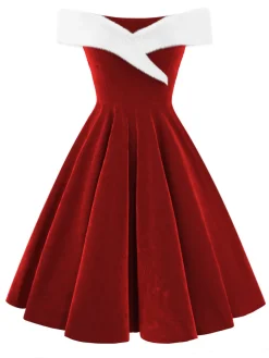 Best Retro Stage Red 1950s Christmas Off-Shoulder Velvet Dress Deep Red