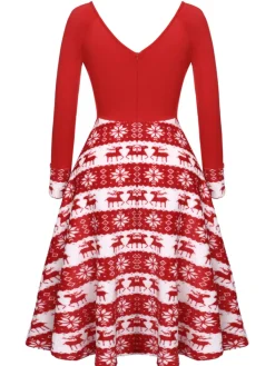 New Retro Stage 1950s Christmas Patchwork Swing Dress Red