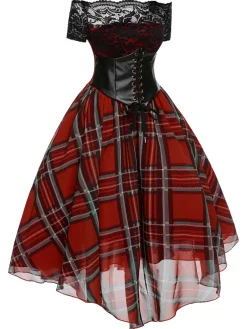 Fashion Retro Stage 1950s Christmas Plaid Girdle Dress Red