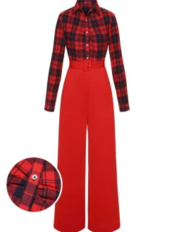 Sale Retro Stage 1930s Christmas Plaid Jumpsuit Red