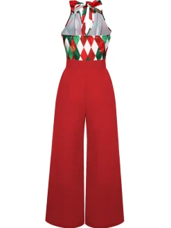 New Retro Stage Red 1930s Christmas Plaid Lace Patchwork Jumpsuit