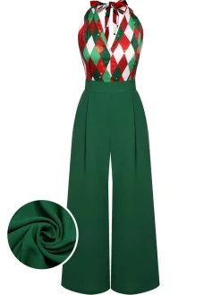 New Retro Stage Red 1930s Christmas Plaid Lace Patchwork Jumpsuit
