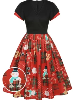 Sale Retro Stage Red 1950s Christmas Plaid Santa Claus Dress Multicolor