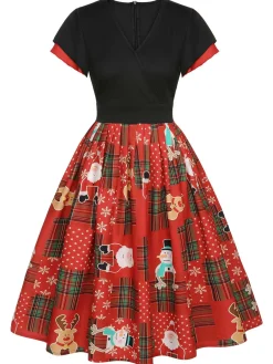 Sale Retro Stage Red 1950s Christmas Plaid Santa Claus Dress Multicolor