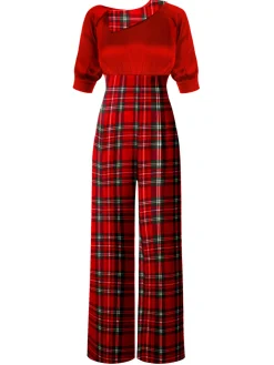 Sale Retro Stage Red 1930s Christmas Plaid Short Sleeved Jumpsuit