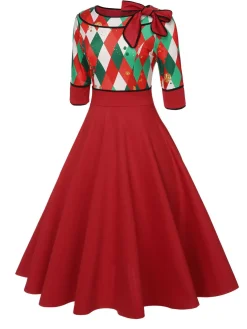 Best Retro Stage Red 1950s Christmas Plaids Bow Decor Dress