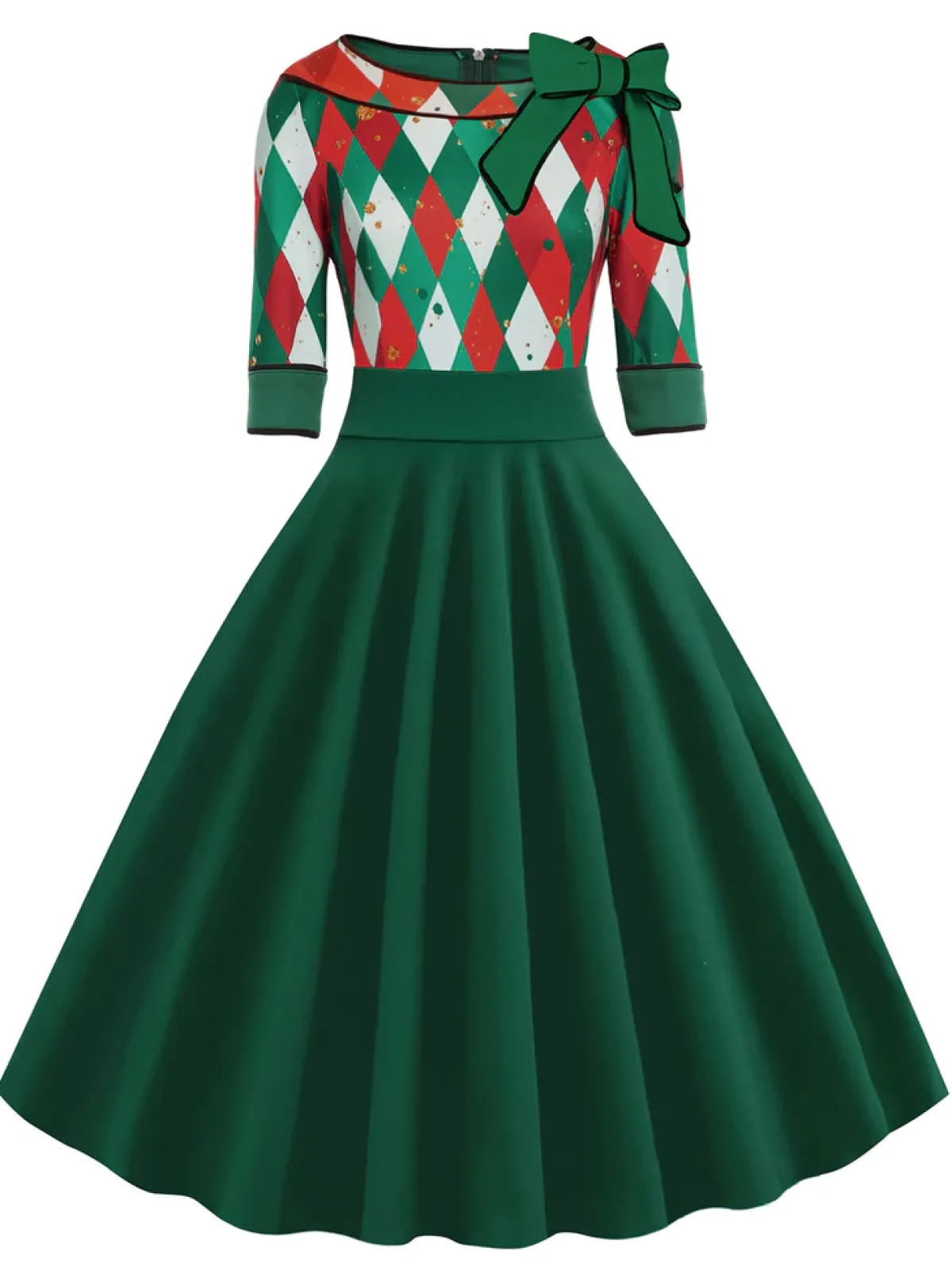 Best Retro Stage Red 1950s Christmas Plaids Bow Decor Dress