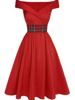 Best Retro Stage 1950s Christmas Plaids Off-Shoulder Dress Red