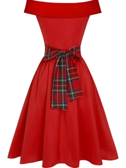 Best Retro Stage 1950s Christmas Plaids Off-Shoulder Dress Red