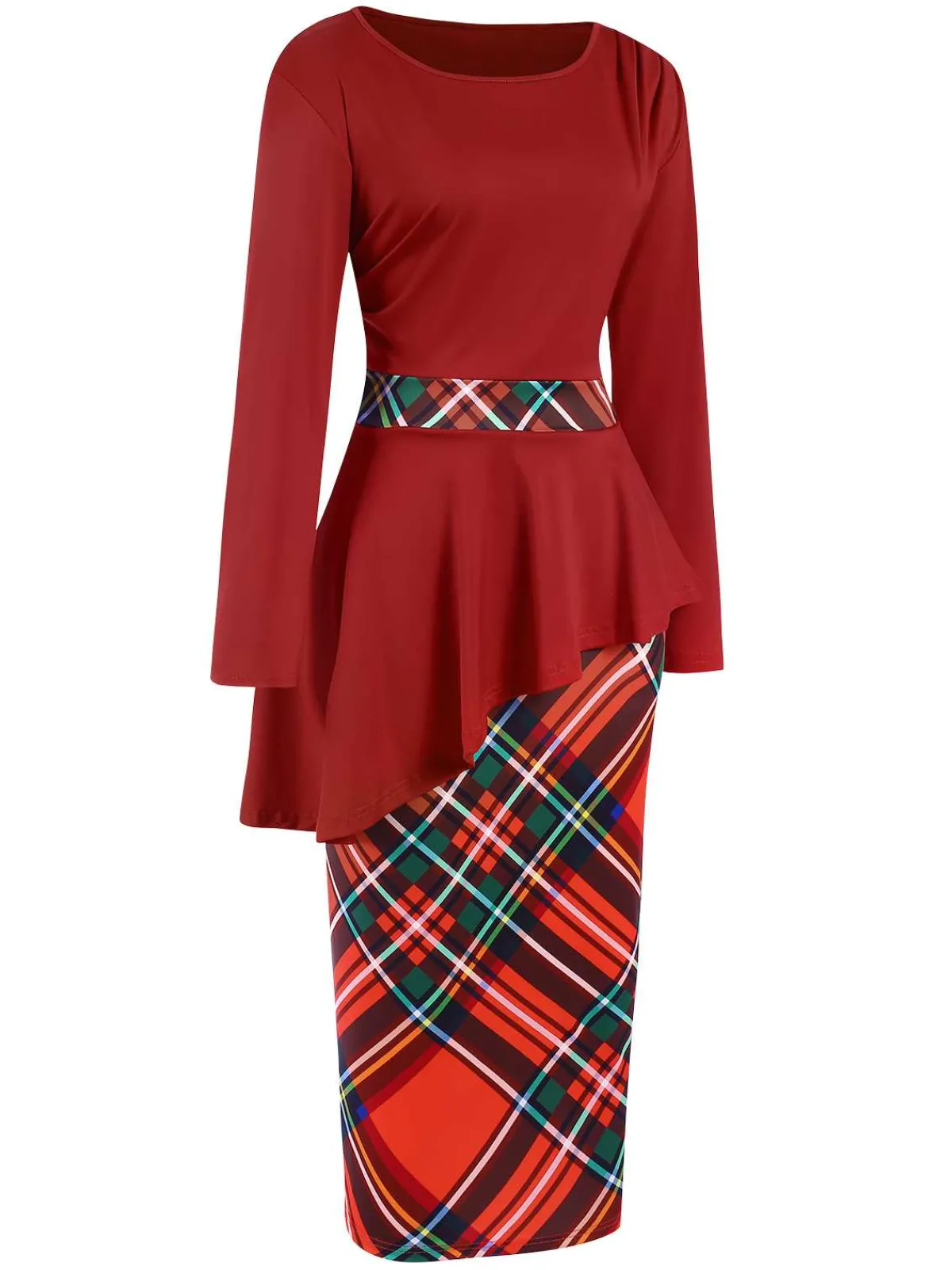 New Retro Stage 1960s Christmas Plaids Patchwork Dress Red