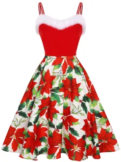 Online Retro Stage 1950s Christmas Poinsettia Shaggy Trimmed Dress Red