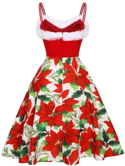 Online Retro Stage 1950s Christmas Poinsettia Shaggy Trimmed Dress Red