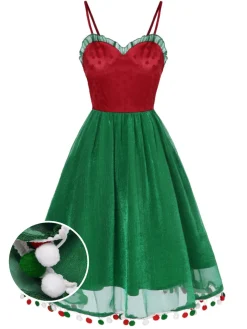 Fashion Retro Stage 1950s Christmas Polka Dot Mesh Dress Red