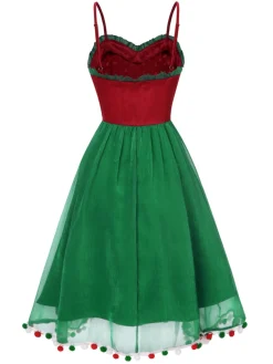 Fashion Retro Stage 1950s Christmas Polka Dot Mesh Dress Red