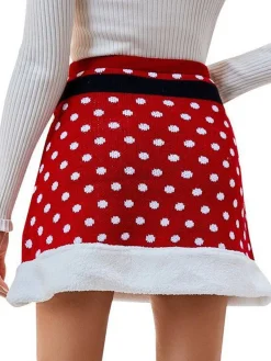 Sale Retro Stage 1950s Christmas Polka Dots Knit Skirt Red